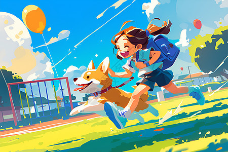 快乐奔跑的女孩和小狗图片