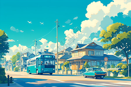 宁静街景中蓝色巴士图片