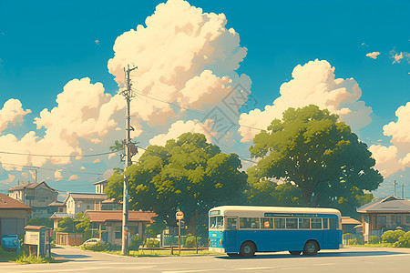 蓝色巴士穿过宁静的社区图片