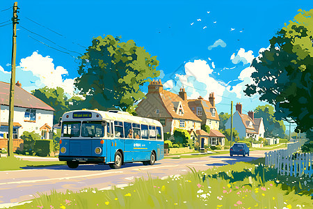 蓝色巴士穿过农村道路图片