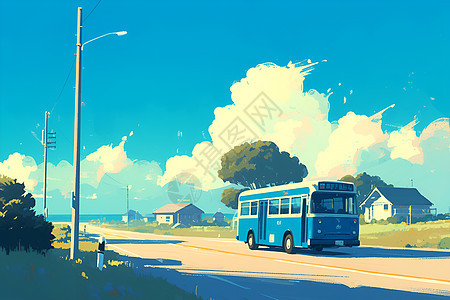 蓝色巴士在宜人的天空下图片