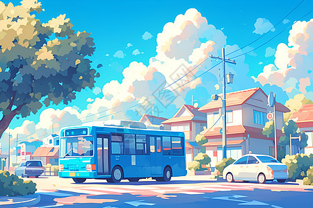 蓝色巴士穿过宁静的社区图片