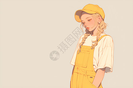 少女的黄色连身工装服图片