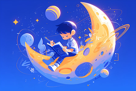 男孩坐在月亮上看书图片