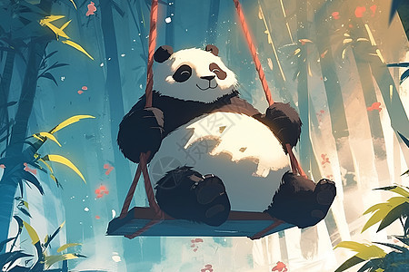 竹林中的熊猫坐在秋千上图片