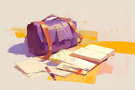 桌上的紫色书包和课本图片