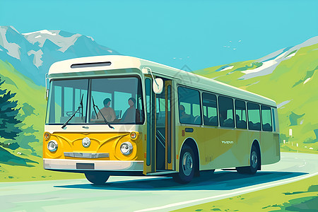 山林间的黄色巴士图片