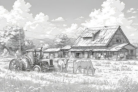 牧场里的老式拖拉机和牛图片