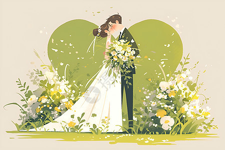 情侣在鲜花和草地中站立图片