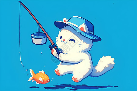 可爱小猫钓鱼图片