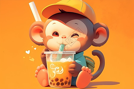 可爱卡通猴子喝珍珠奶茶图片