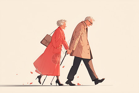 牵手散步的老夫妻图片