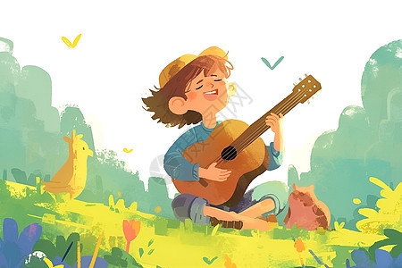 男孩在草地上弹吉他图片