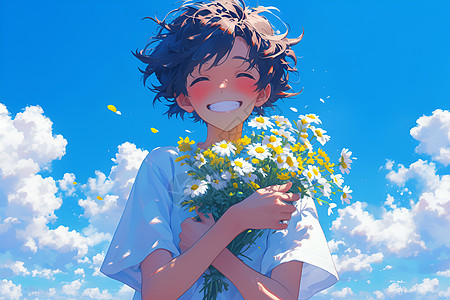 笑容满面的男孩手握花束图片