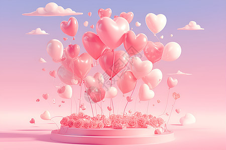 浪漫心形气球漂浮在粉色背景上图片