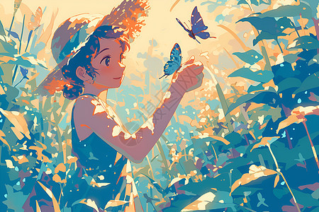 树丛里的女孩和蝴蝶图片