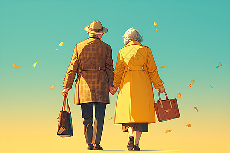 牵手散步的老年夫妻图片