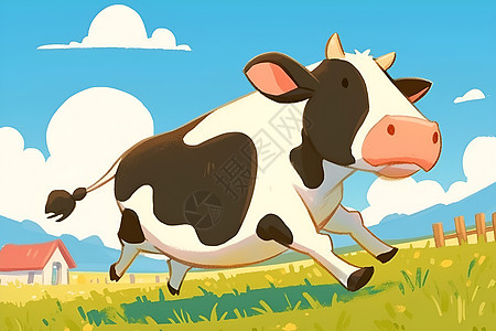 绿色草地上自由奔跑的奶牛图片