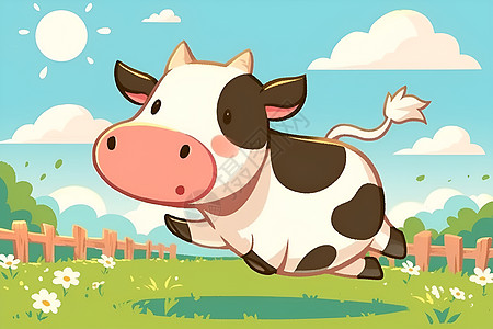 欢乐小牛狂奔在绿色草地上图片