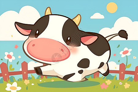 欢快的小牛在花草田间跳跃图片