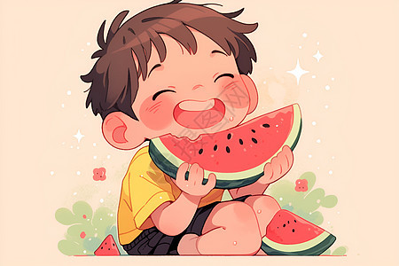 快乐吃西瓜的男孩图片
