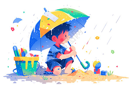 雨中的小男孩玩沙子图片