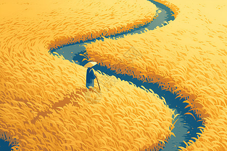 金黄稻田里的河流图片