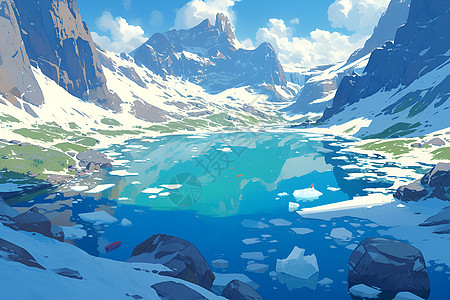 冰雪浮动的山脉湖泊图片