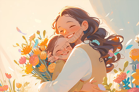 拿着花束的母亲抱着女儿图片