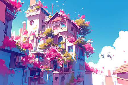 开满粉色花朵的建筑图片