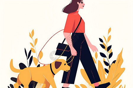 少女牵着狗狗散步图片