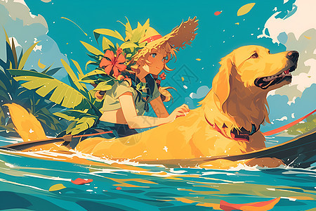 女孩与金毛犬乘坐船只滑行图片