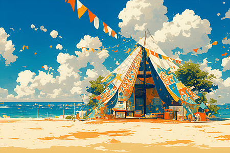沙滩上有一个色彩斑斓的帐篷图片