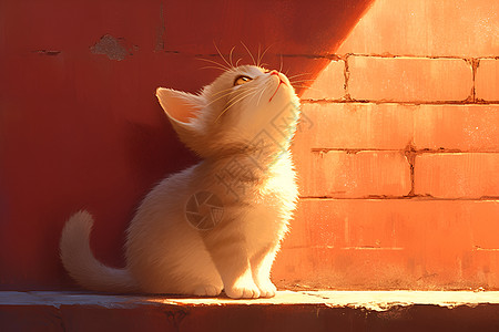 短毛猫端坐在砖墙上图片
