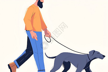 男人牵着狗的插画图片