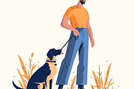 男人牵着狗站在麦田里图片