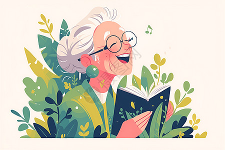 花丛中看书的老人图片