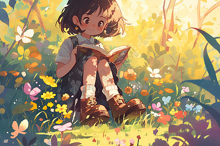 女孩在森林中看书图片