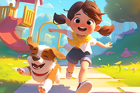 快乐奔跑的女孩和狗图片