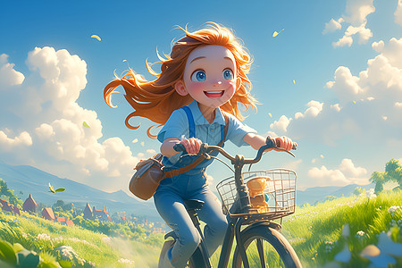 山村里骑行的女孩图片