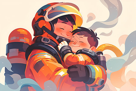 救火英雄抱着可爱孩子图片