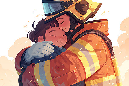 拥抱在烟雾中的消防员和孩子图片