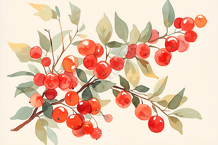 红浆果水彩画图片