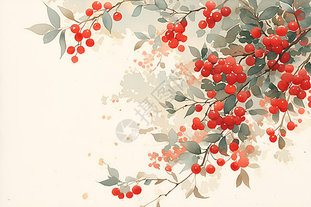 红浆果的水彩插画图片