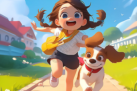 快乐奔跑的女孩与宠物狗图片
