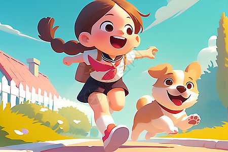 快乐奔跑的女孩与狗狗图片
