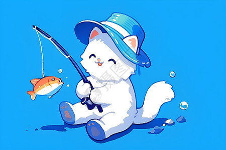 猫咪钓鱼卡通插画图片