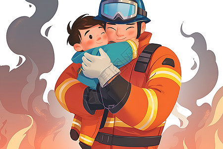 抱着孩子的消防员背景图片