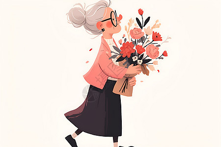 温馨的奶奶手拿花束图片