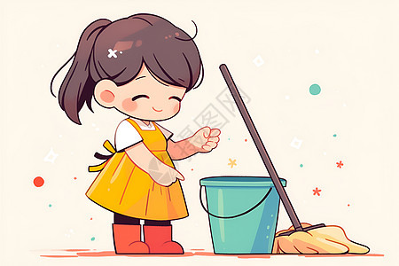 可爱的卡通女孩扫地清洁图片